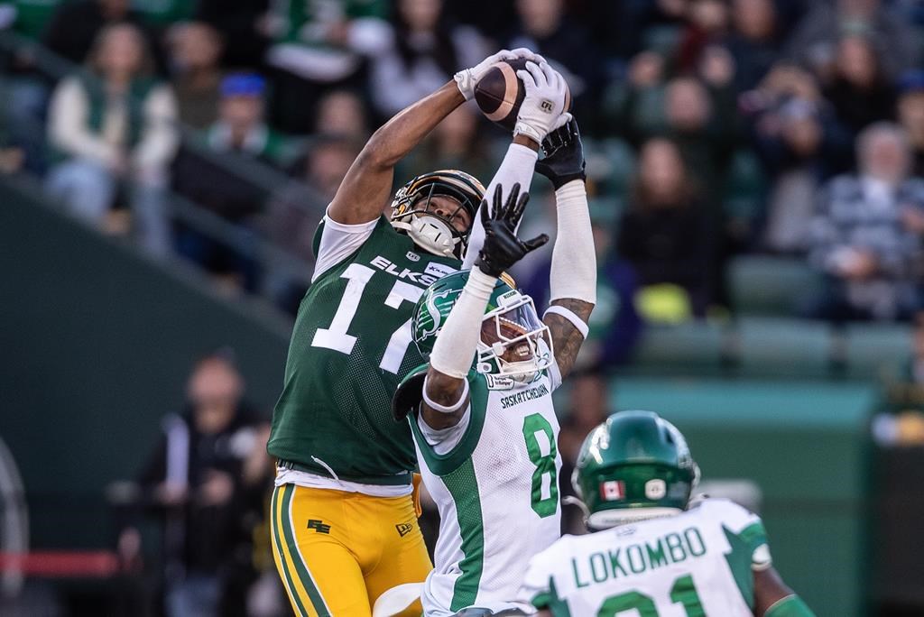 Saskatchewan Roughriders' Marcus Sayles (8) tries to stop Edmonton Elks' Dillon Mitchell (17) as he makes the catch during first half CFL action in Edmonton, on Saturday Oct. 5, 2024. THE CANADIAN PRESS/Jason Franson.