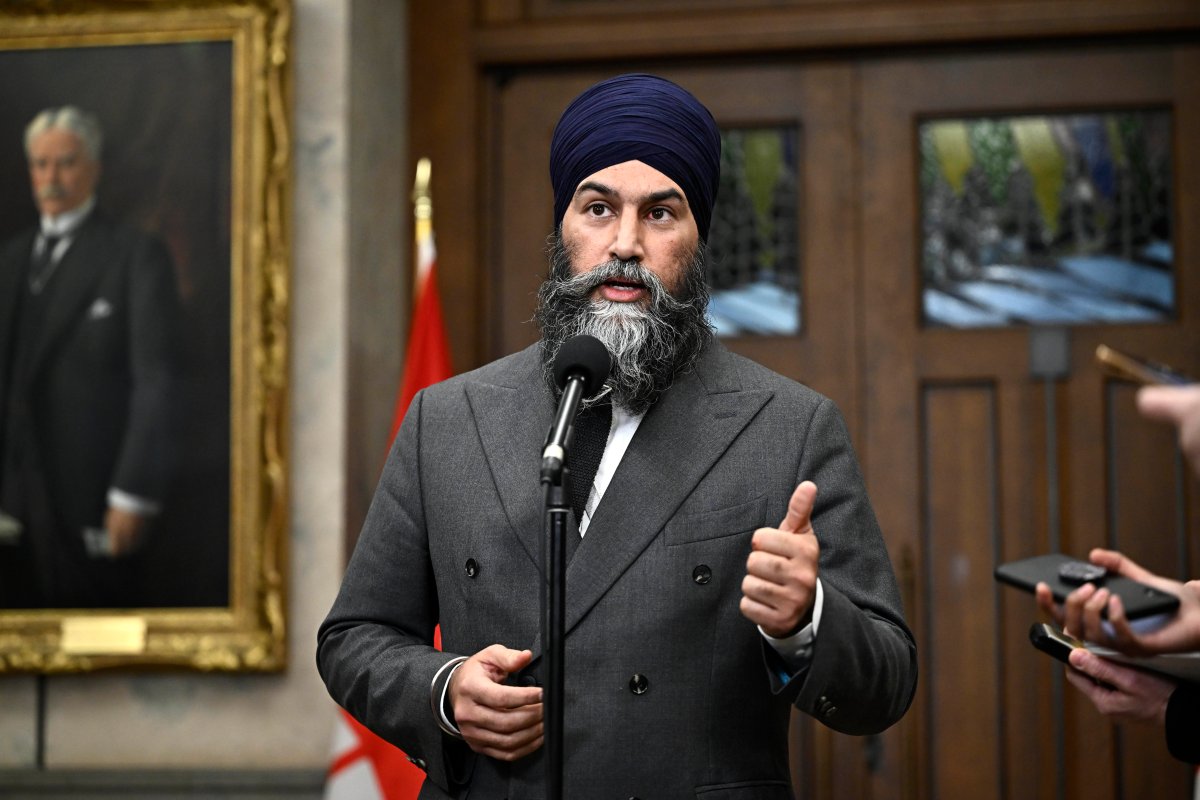 NDP Leader Jagmeet Singh speaks at a media availability in the Foyer of the House of Commons on Parliament Hill, in Ottawa, on Monday, Dec. 16, 2024.